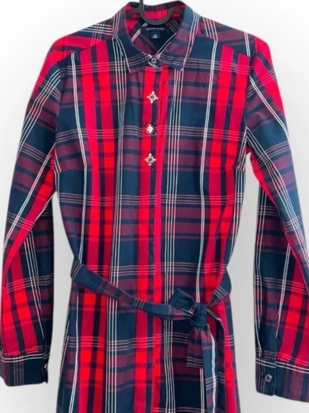 Tommy Hilfiger Red Navy Plaid Shirt mini collar Longsleeve cotton dress belt S - Picture 7 of 8
